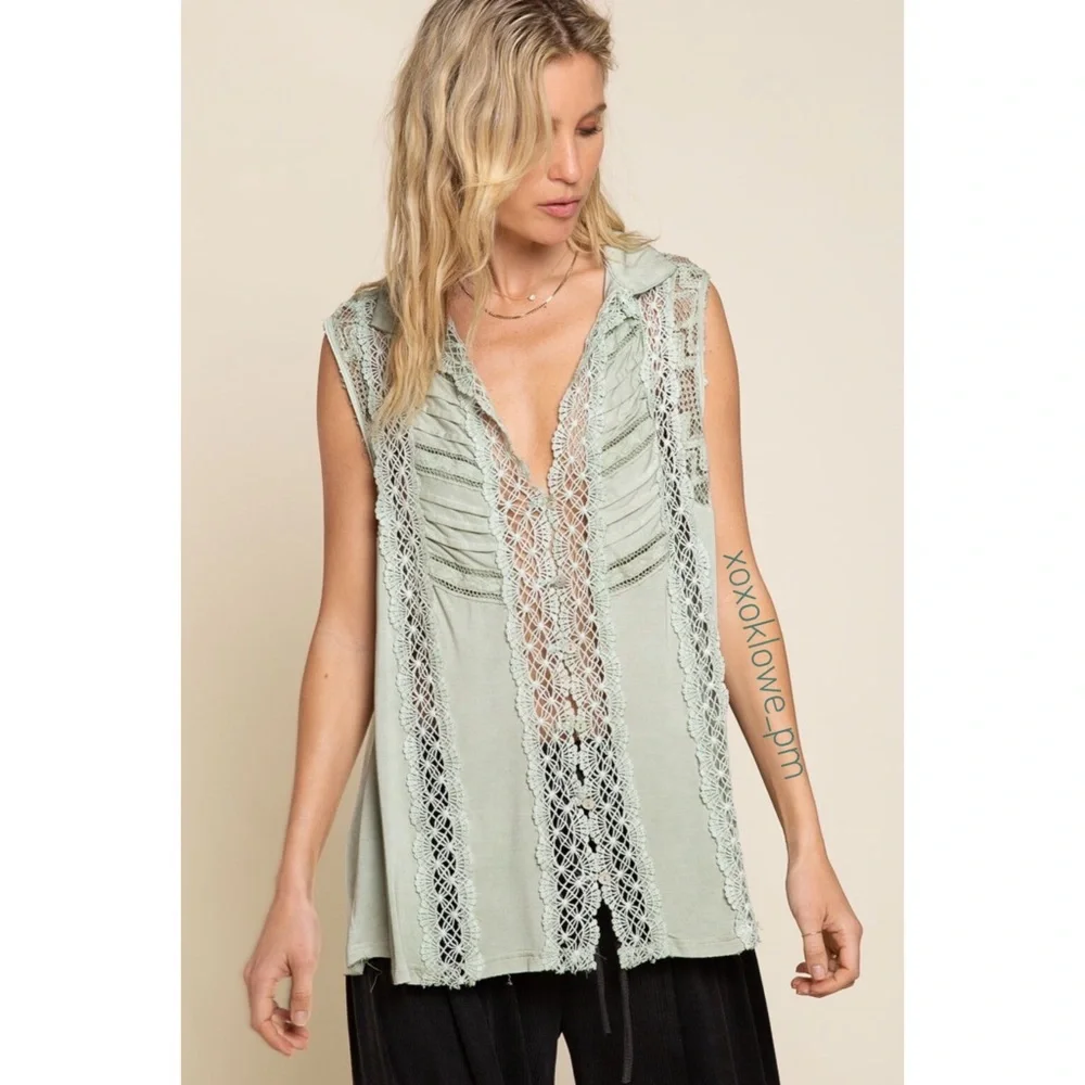 POL Green Pintuck Lace Button Down Top Sleeveless Relaxed Fit - Picture 10 of 11